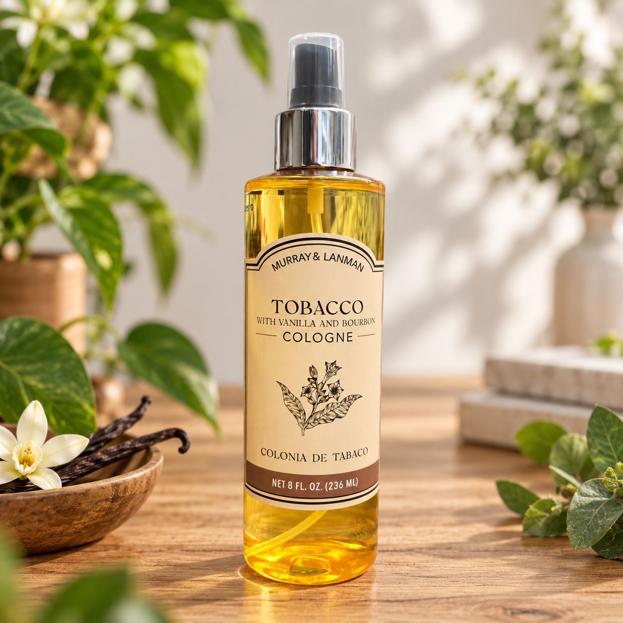 Murray &amp; Lanman Tobacco with Vanilla and Bourbon Cologne 8 oz on a light wooden table with greenery.