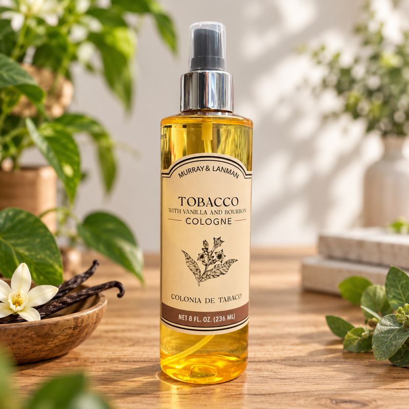 Murray &amp; Lanman Tobacco with Vanilla and Bourbon Cologne 8 oz on a light wooden table with greenery.
