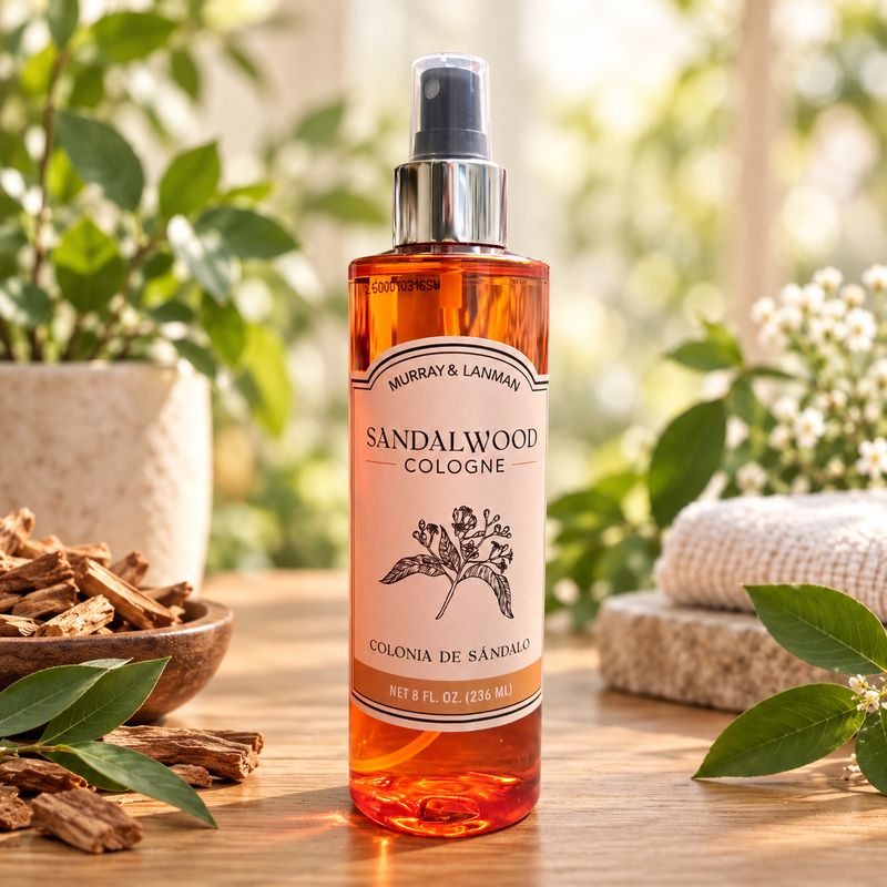 Murray &amp; Lanman Sandalwood Cologne 8 oz displayed on a light wooden table with greenery.