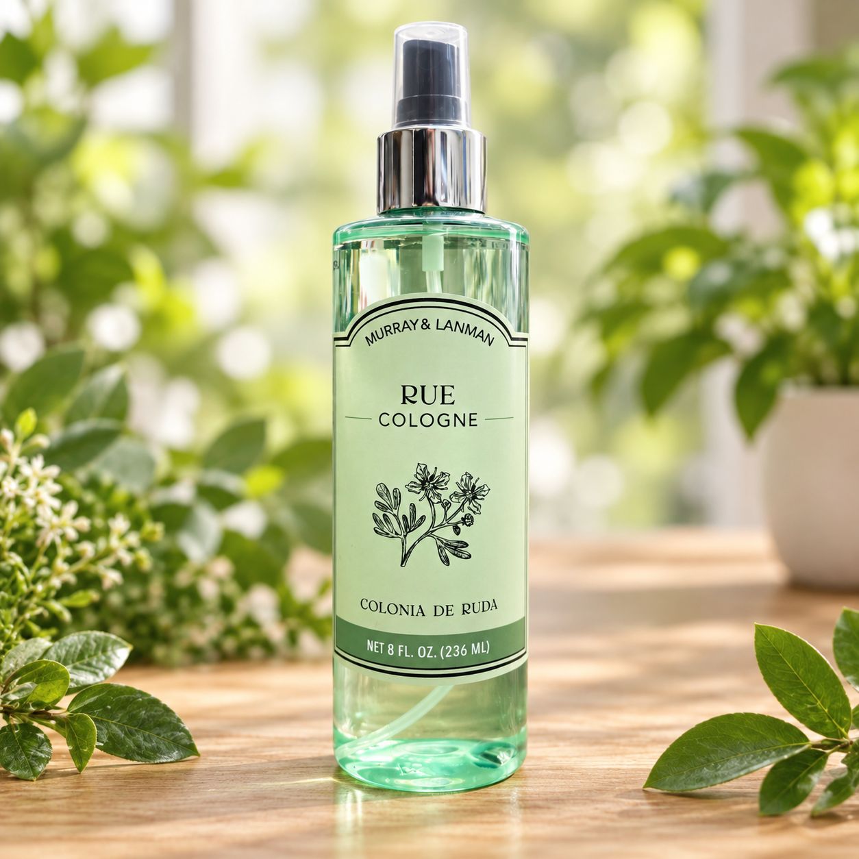 Murray &amp; Lanman Rue Cologne 8 oz on a light wooden table with natural greenery.
