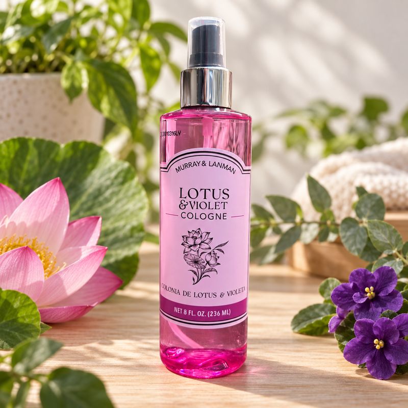 Murray &amp; Lanman Lotus &amp; Violet Cologne 8 oz on a light wooden table with greenery and flowers.