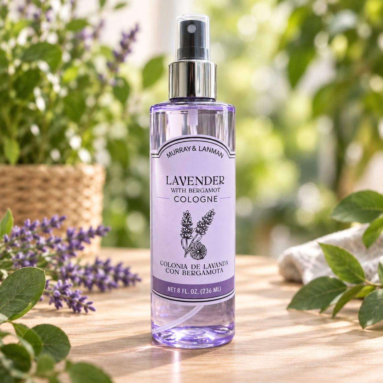 Murray &amp; Lanman Lavender with Bergamot Cologne 8 oz on a light wooden table with greenery and lavender.