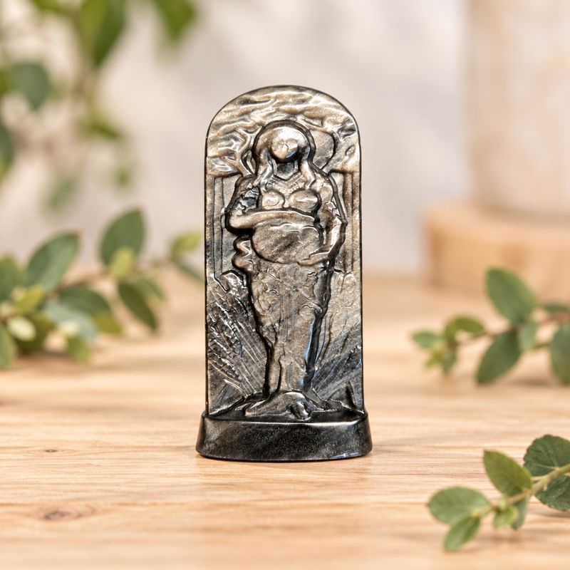 Silver Sheen Obsidian Gaia carving displayed on a light wooden table with greenery