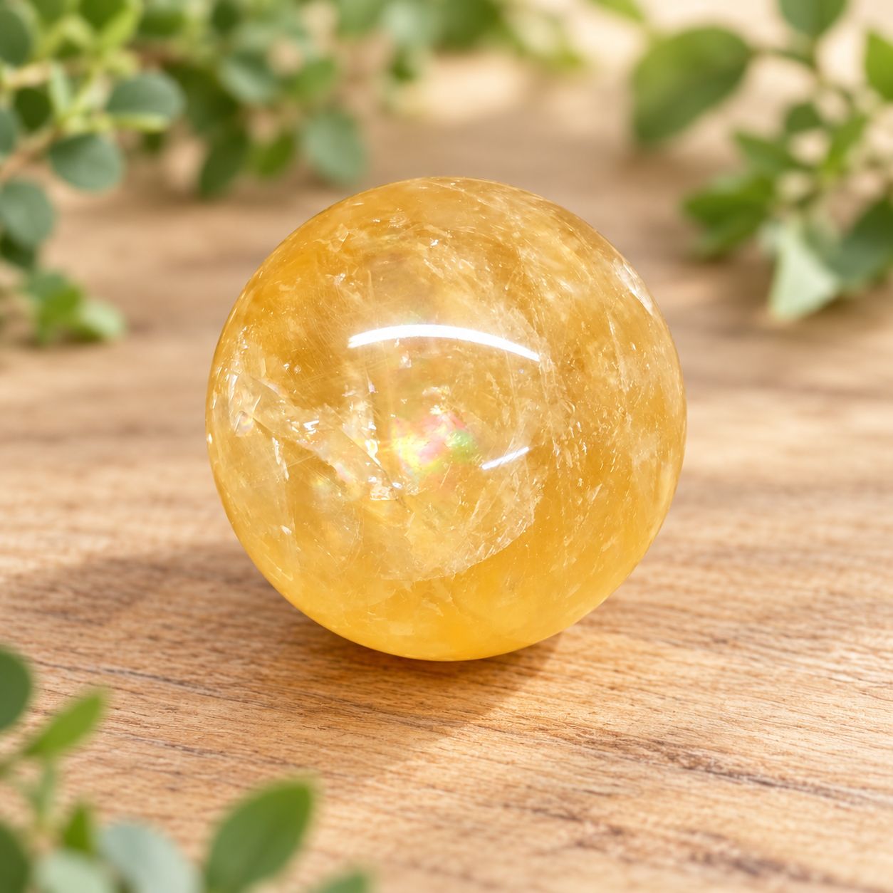Honey Calcite rainbow sphere with golden coloring and natural rainbow flash on a light wooden table