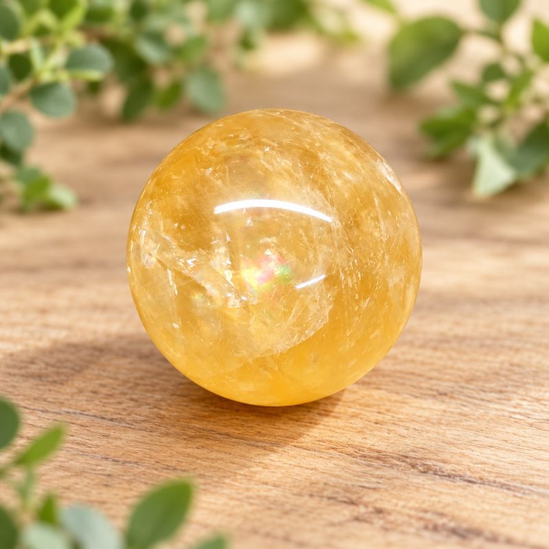 Honey Calcite rainbow sphere with golden coloring and natural rainbow flash on a light wooden table