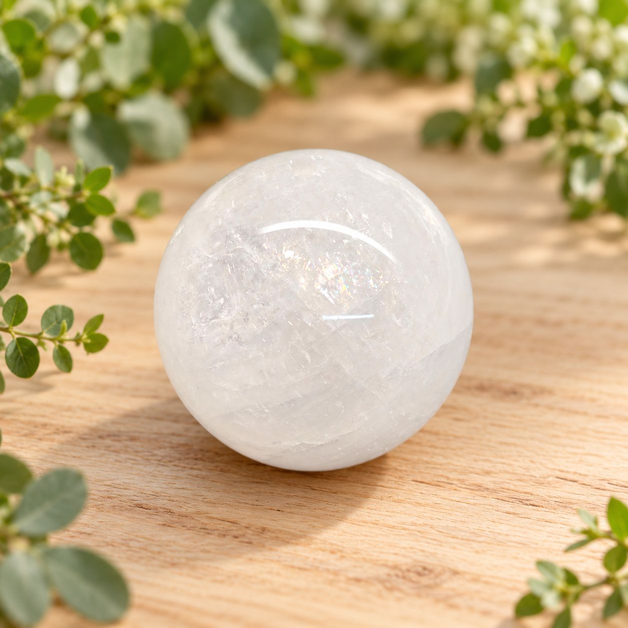 White Calcite rainbow sphere with soft white coloring and natural rainbow flash on a light wooden table