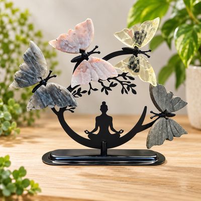Yoga pose decor with Labradorite, Flower Agate, Citrine and Pyrite butterflies on black metal stand