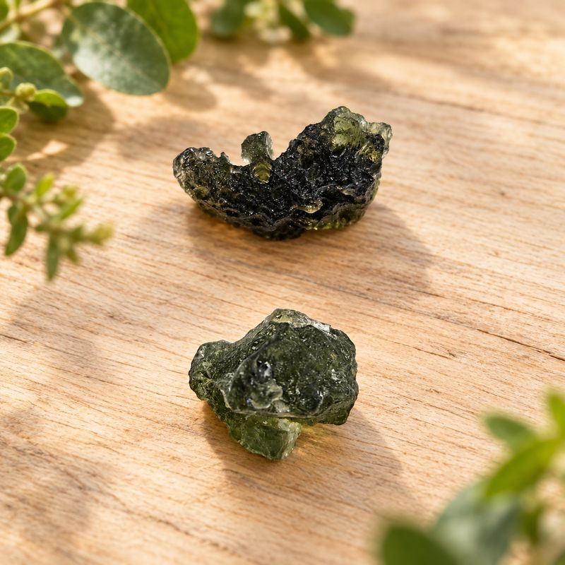 Natural Moldavite specimens on a light wooden table with greenery.