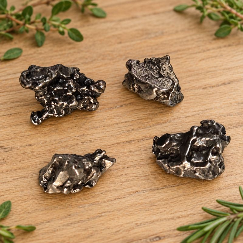 Four Campo del Cielo iron meteorites displayed on a light wooden table with greenery.