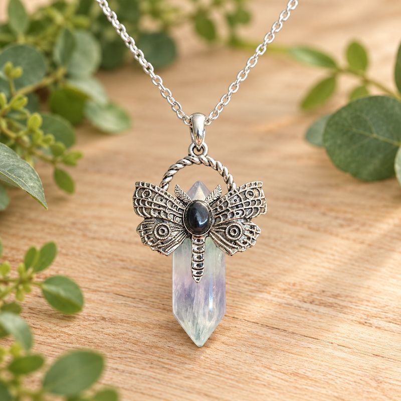 Fluorite dragonfly point necklace with silver-tone pendant and stainless steel chain on light wood with greenery.
