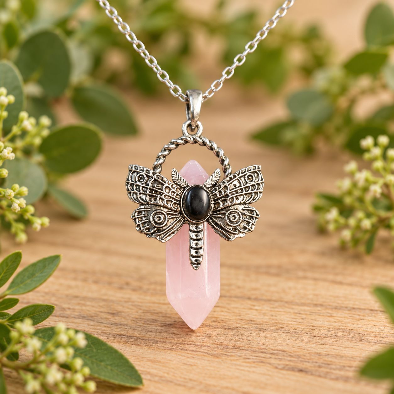Rose quartz dragonfly point necklace with silver-tone pendant and stainless steel chain on light wood with greenery.