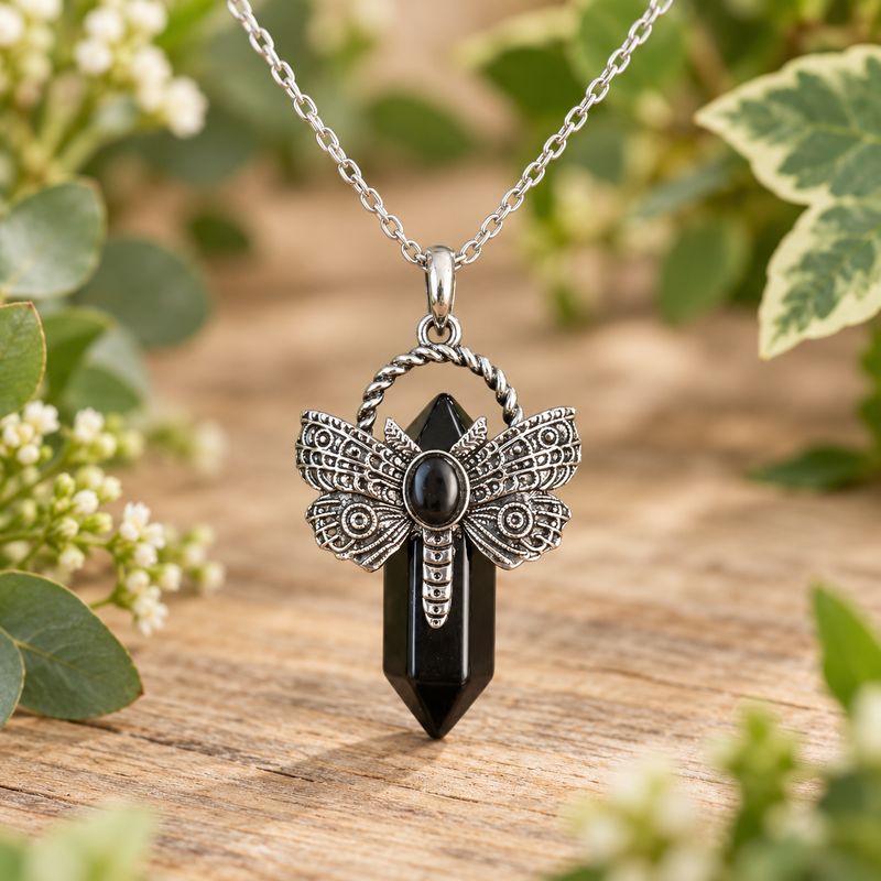 Obsidian dragonfly point necklace with silver-tone pendant and stainless steel chain on light wood with greenery.