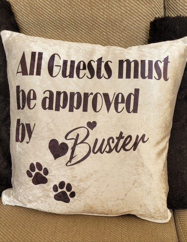 Cushion with pets name, all guests must be approved by....