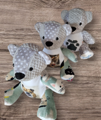 Memory bear with photo made from pet blankets, clothing
