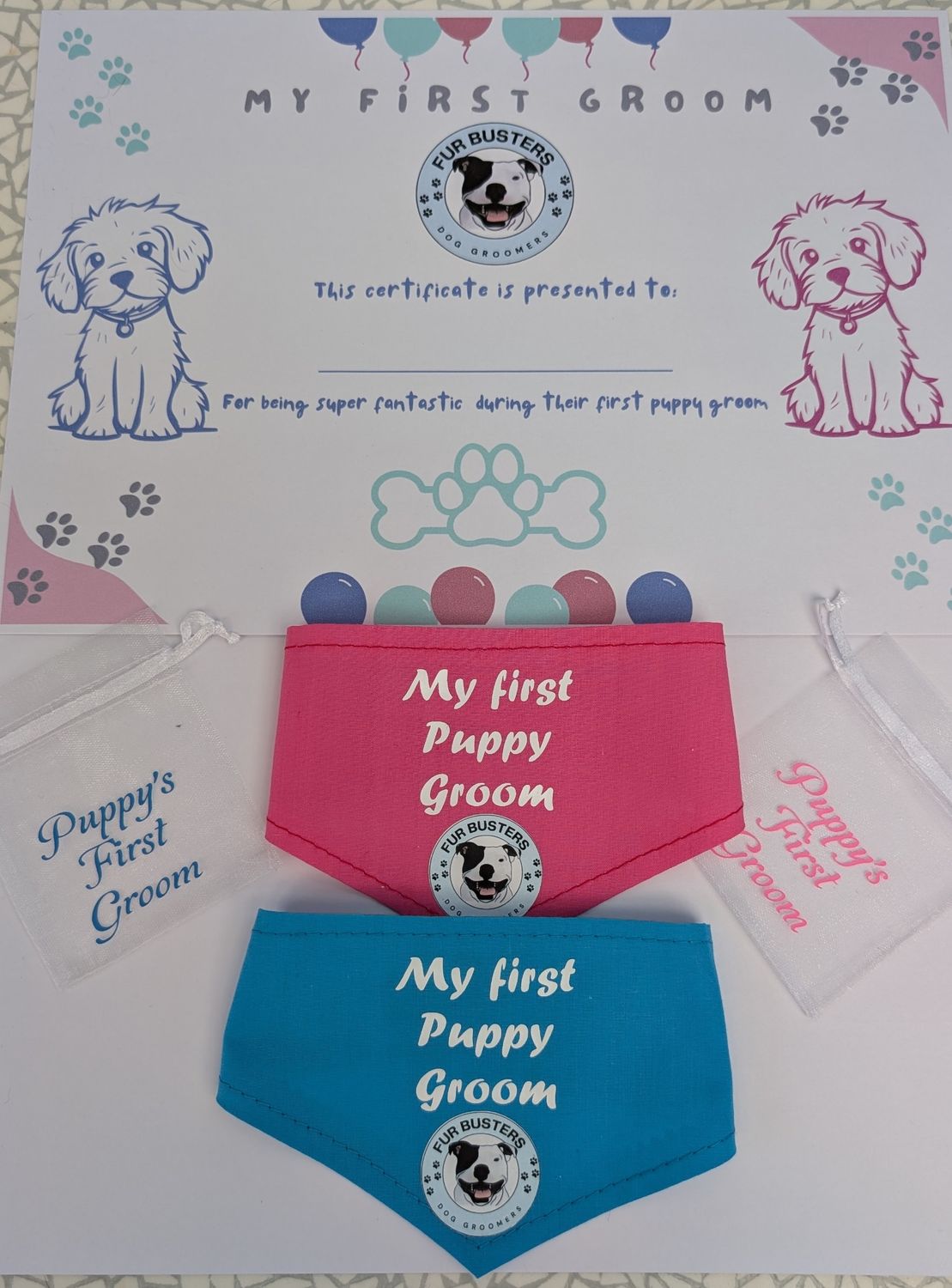 First puppy groom bandanas, certificate, hair pouch package.personalised, pack of 6