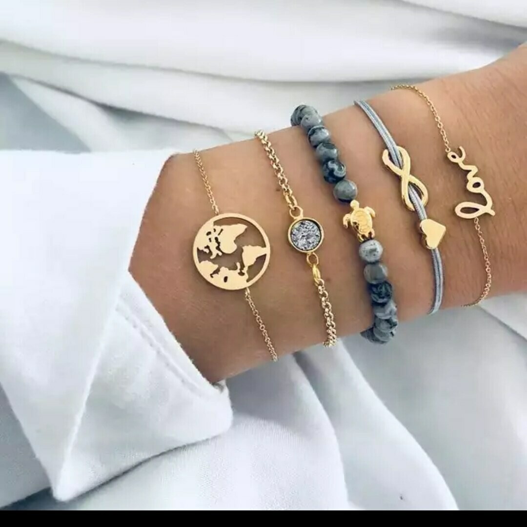 Five Piece Natural Stone &amp; Gold Bracelets