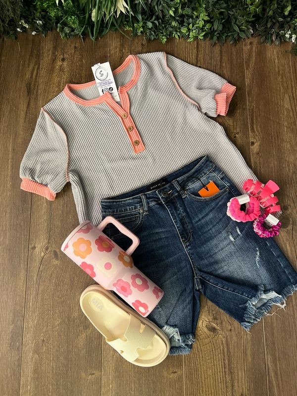 Rib Button Front Grey Top