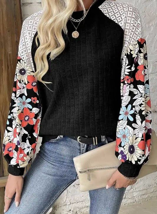 LS Ribbed Blouse-Floral Sleeve LS Ribbed Blouse-Floral Sleeve