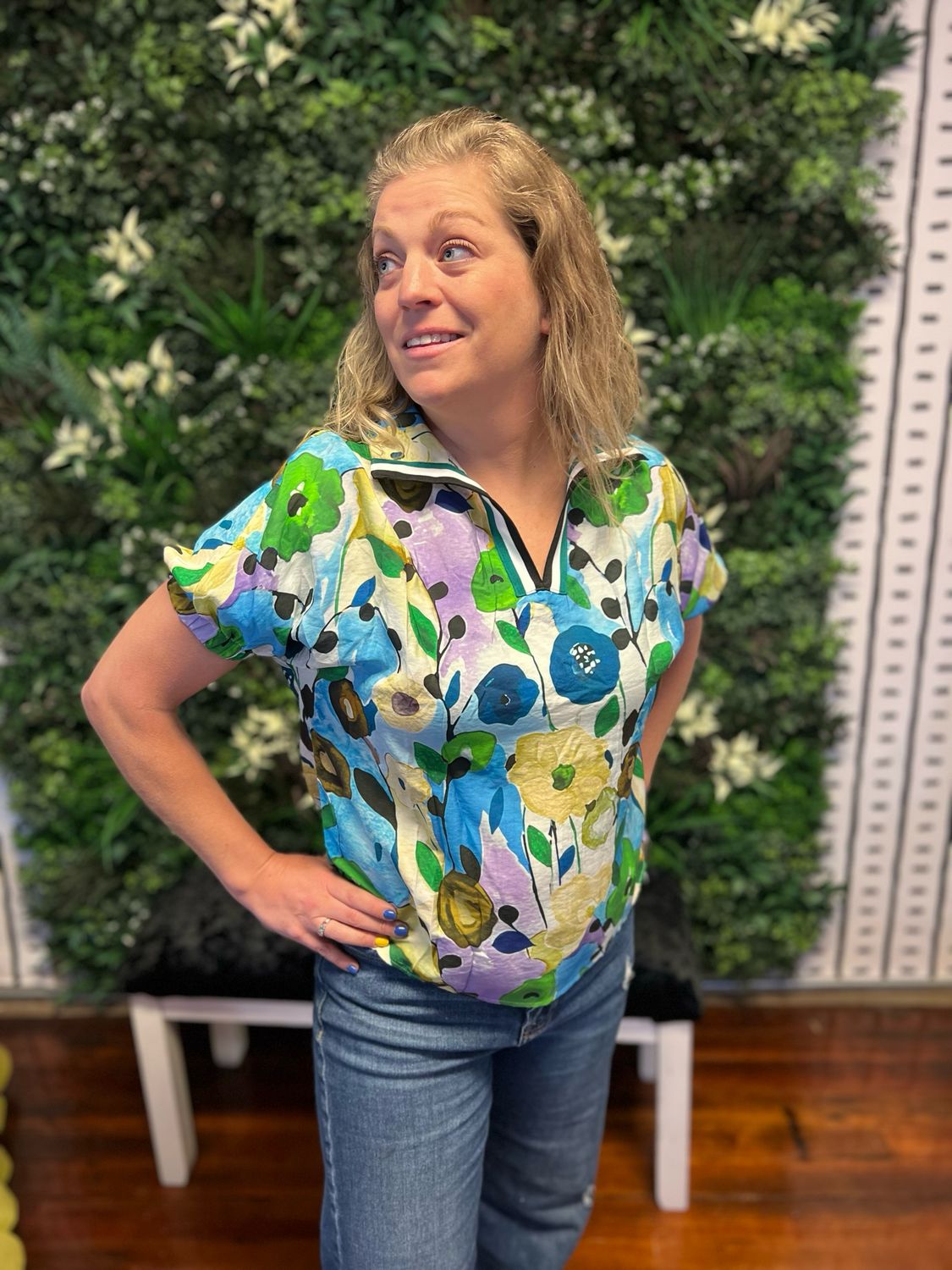 Floral Print Striped V Neck SS Blouse