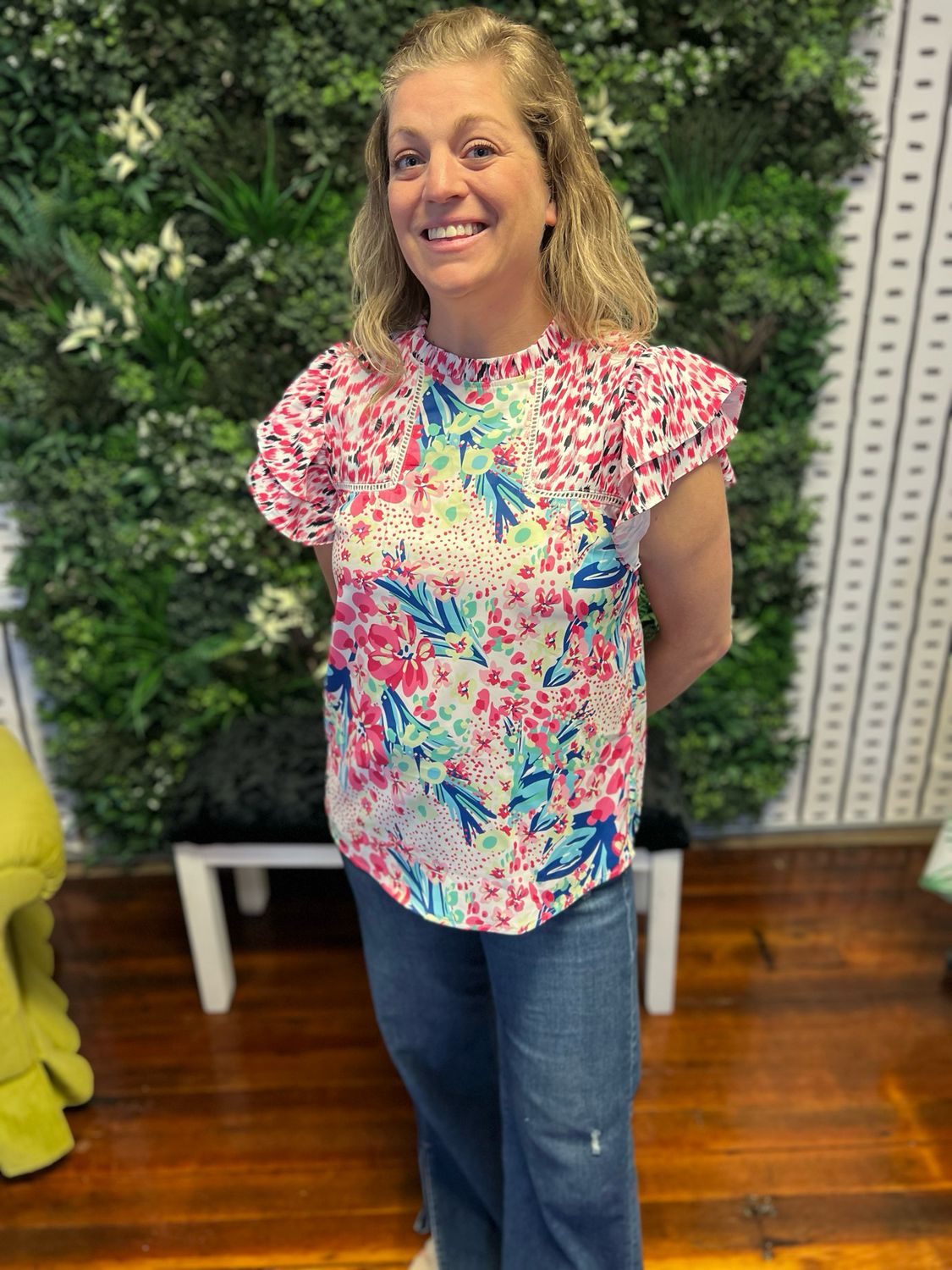 Watermelon Seed Floral Ruffle Top