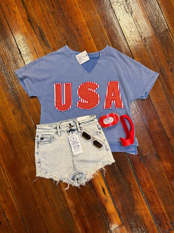 USA Patch Notch V Neck Loose Tee