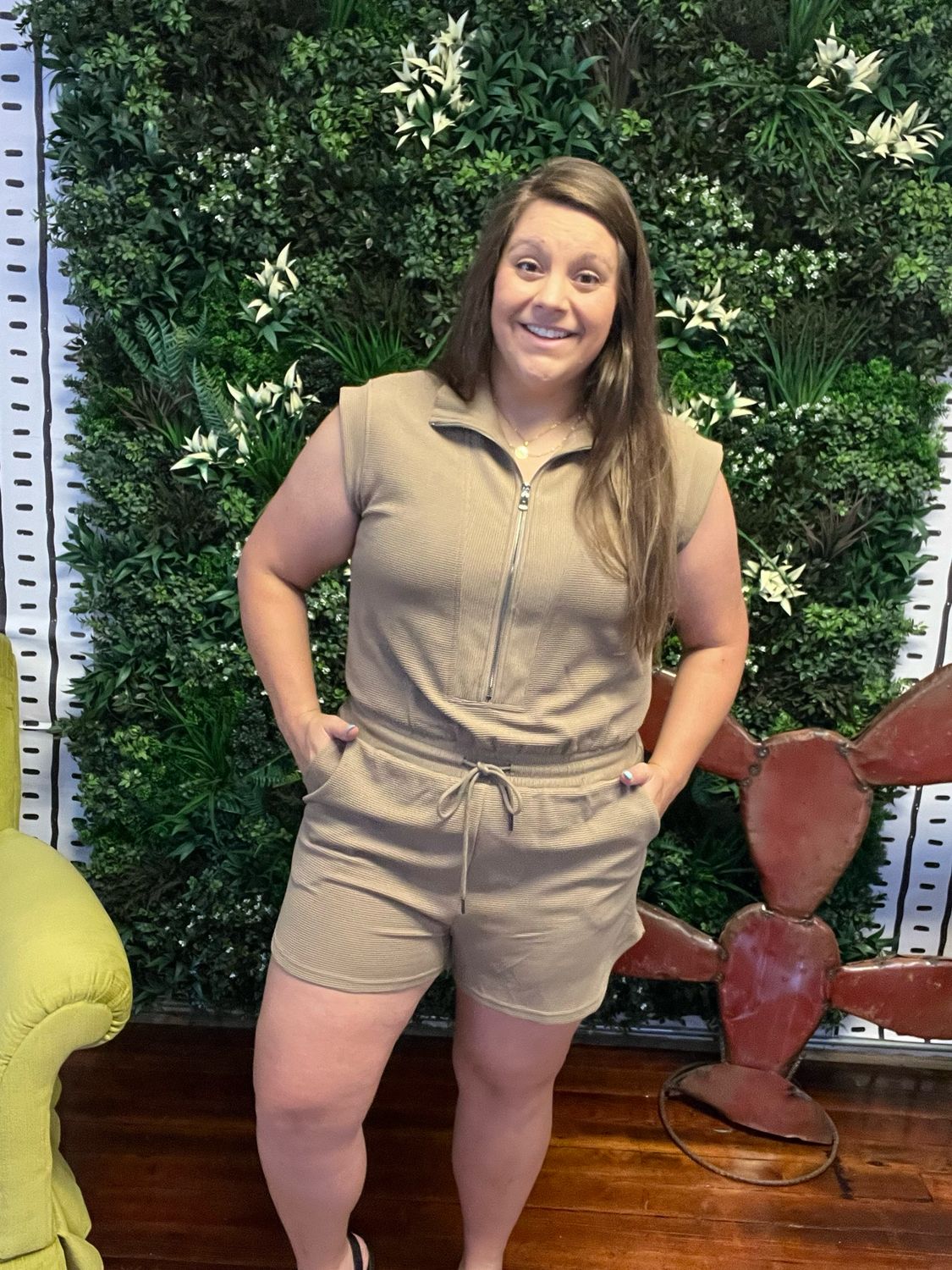 Textured Half Zip Drawstring Waist Romper