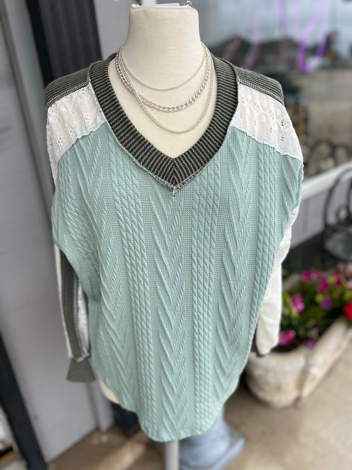 Cable Knit Color Block V Neck Long Sleeve Top