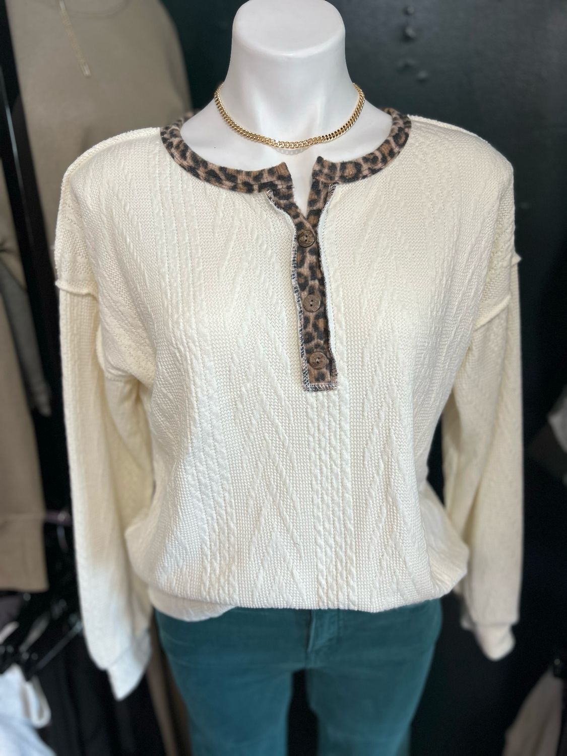 Cable Knit Animal Print Button Down Top LS