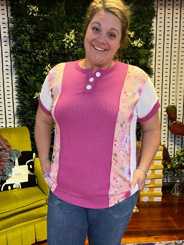 Floral Patchwork Ribbed Henley