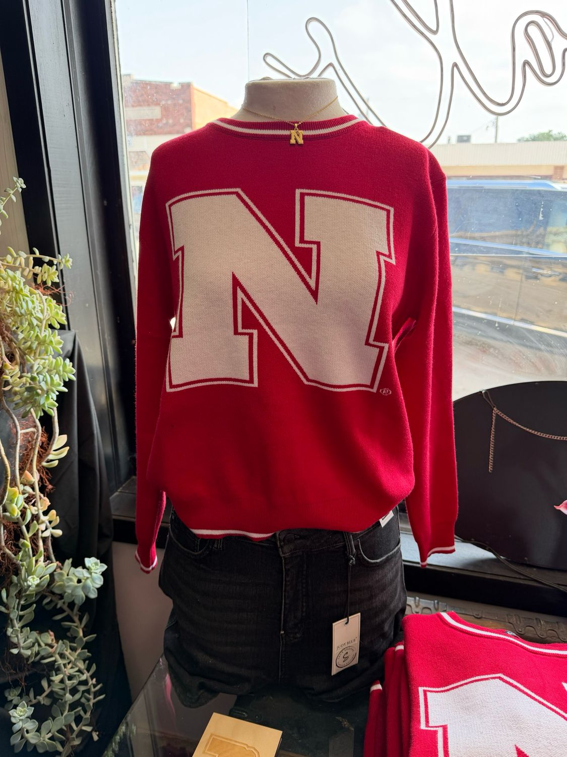 Nebraska Wicks Woven Striped Detail Sweater