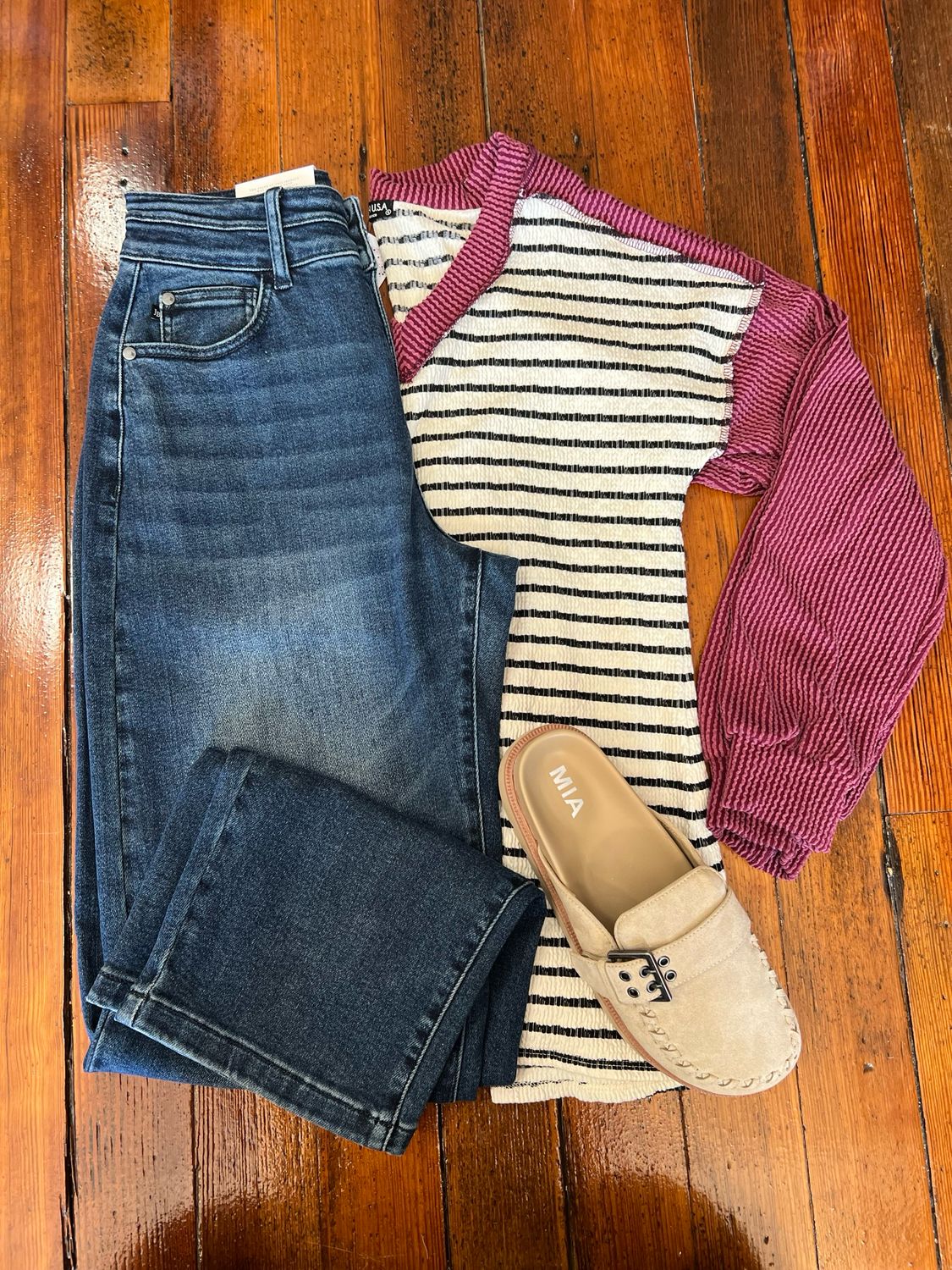 Burgundy Neck Ribbed LS Top 