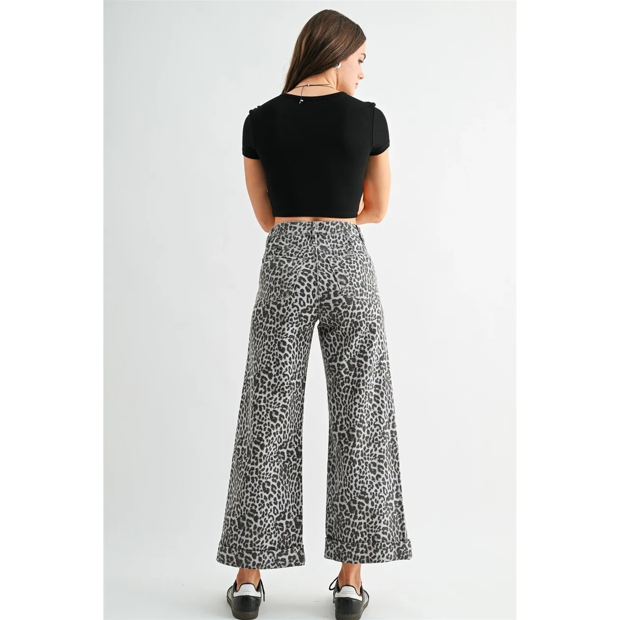 High-Rise Wide Leg Cropped Cuff Leopard