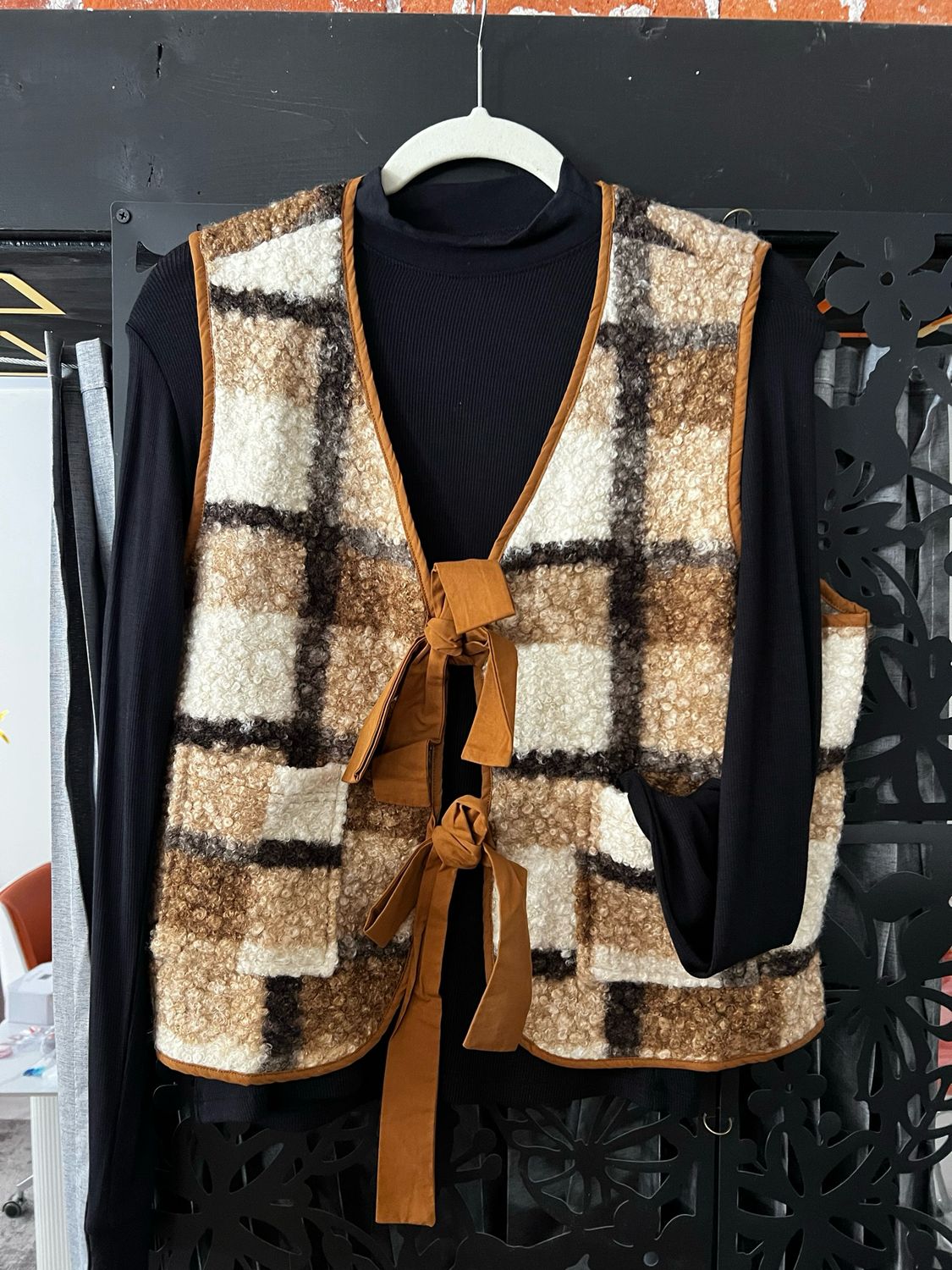 Plaid Borg Fleece Tie Front Vest with Patch Pocket