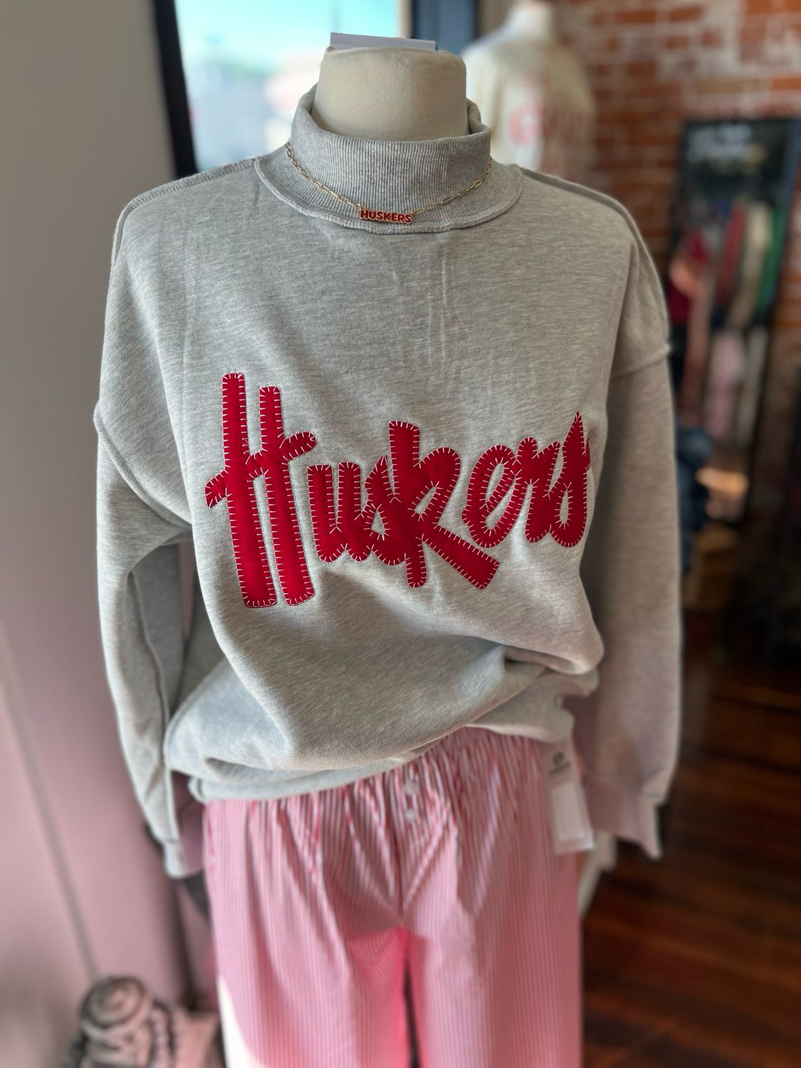Huskers Script Grey Mock Neck