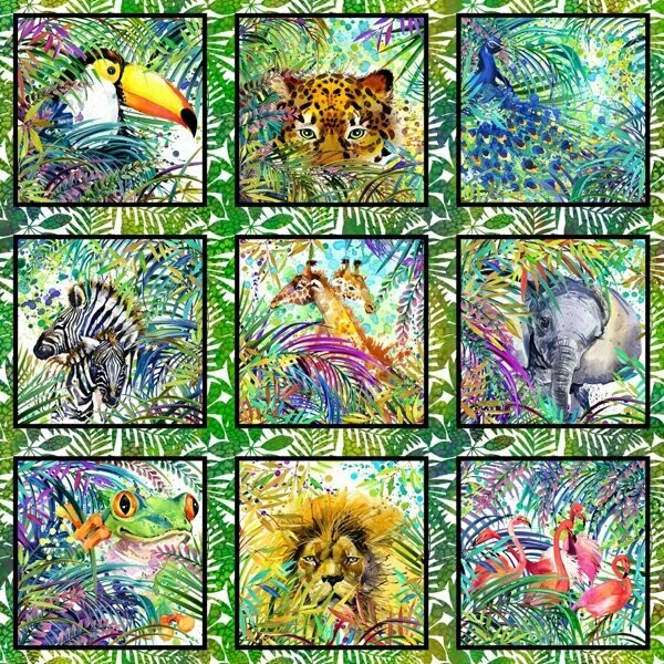 Safari Panel, Stoff, Dschungel, Vögel, Tiere, Jaguar, Flamingo, Tukan,  Löwe, Elefant, Giraffe, Zebra, Frosch, Pfau, Blätter, Digitaldruck, 18,33/m