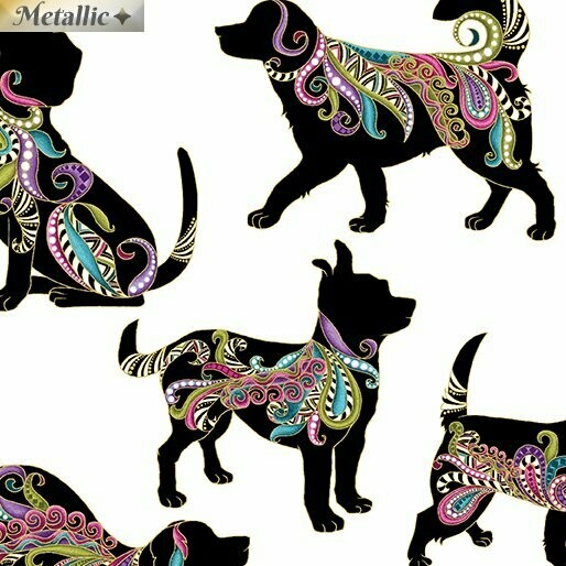 Patchworkstoff "Dog On It Hot diggity " mit Metallic-Effekt, Hundesilhouetten, weiß, 14.00€/m