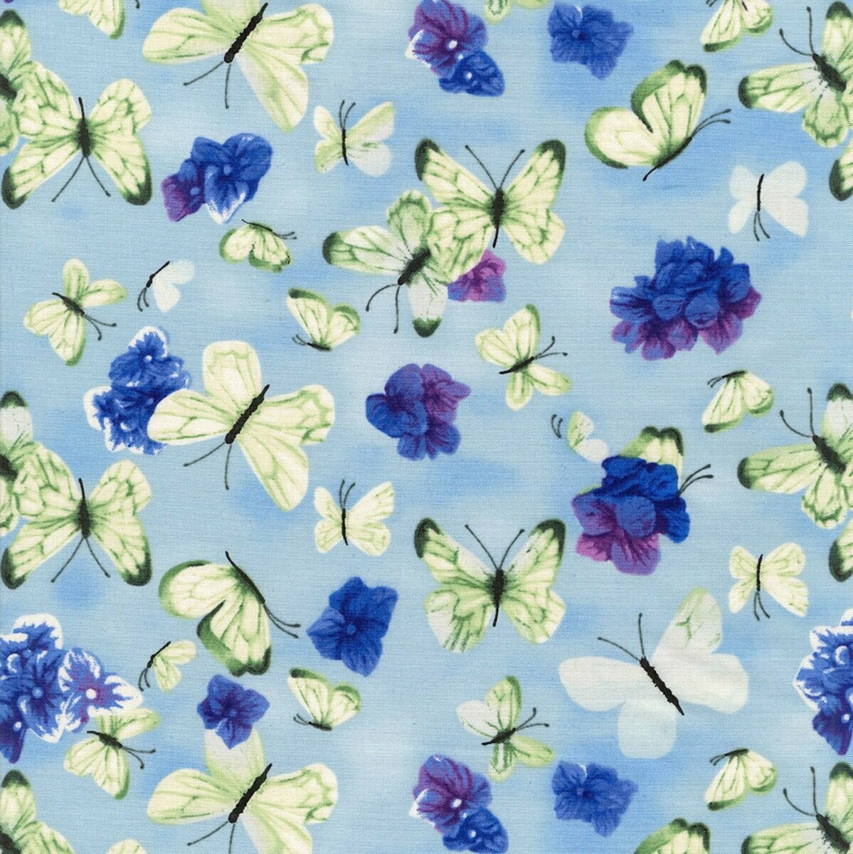 Patchworkstoff "Hydrangea Harmony Butterflies", Schmetterlinge, hellblau, 17,50 €/m
