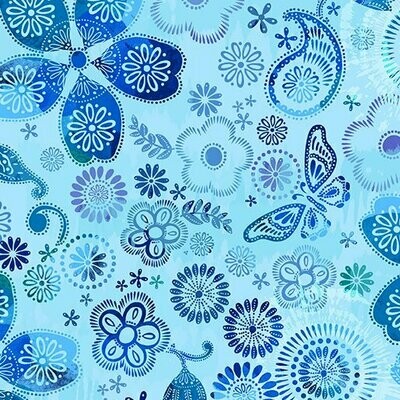15,50/m, "Social Butterfly Mirage Aqua", Schmetterlinge mit Herzen, Paisley, Ornamente, Blätter, Blumen, türkis, weiß, blau, Patchwork, Baumwollstoff "Social Butterfly Mirage Aqua"*