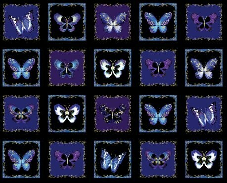 17,50/m, 60cm, Panel Schmetterlinge, Stoff metallic, "Butterfly jewels", blau, gold, Metallicdruck, Baumwollstoff, Patchworkstoff