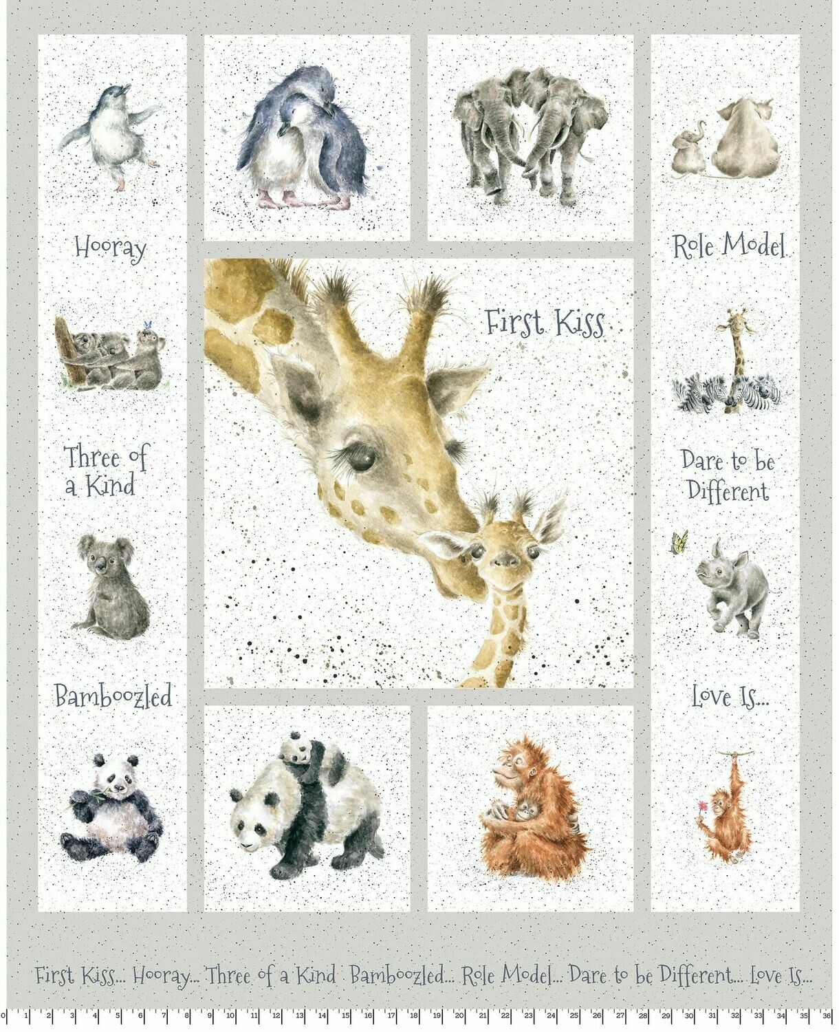 90-cm-Panel Patchworkstoff "Love is..." , Giraffe, Pinguin & Koala, hellgrau, 20,55 €/m*
