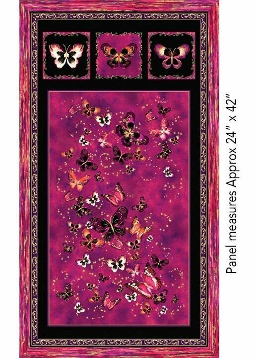 17,50/m, Panel Schmetterlinge, Stoff metallic, "Butterfly jewel", magenta, gold, Metallicdruck, Baumwollstoff, Patchworkstoff