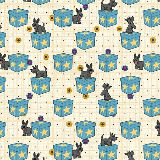 Patchworkstoff "Lizzy Albright and the Attic Window", Hunde auf Boxen, petrol, 19,50 €/m