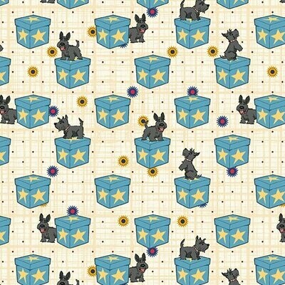 Patchworkstoff Patchworkstoff "Lizzy Albright and the Attic Window", Hunde auf Boxen, petrol, 19,50 €/m