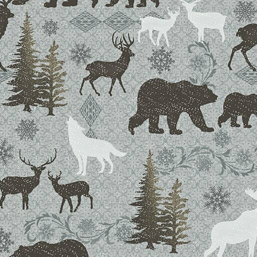 Patchworkstoff "Modern Lodge", Berge, Bären & Wölfe, grau, 19,50 €/m*