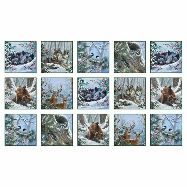 Winter Stoff, Rehe, Meisen, Wölfe, Waschbären, Adler, Schnee, Birken, Bäume, Bären, Beeren, Baumwollstoff, Weihnachten "Winter Companions Snow"