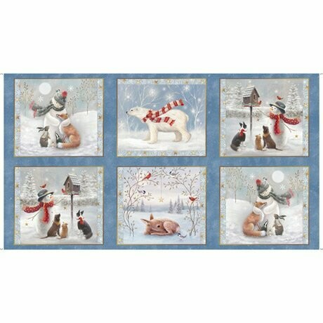 60-cm Patchworkpanel "Woodland Buddies", Schneemänner, Reh und Eisbär, blau, 20,84 €/m*