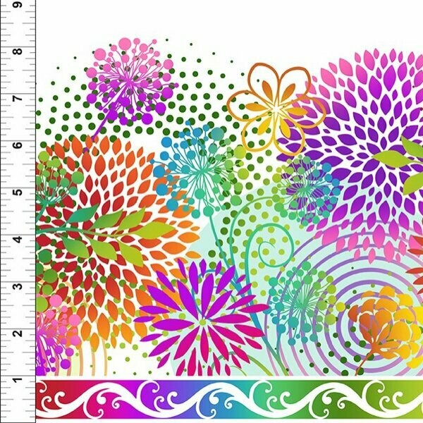 Patchworkstoff "Unusual Garden II Border Stripe", große Blumenkreise mit Bordüre, weiß, Jason Yenter, 10,00 €/m*