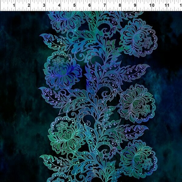 Patchworkstoff "Tapestry Border" mit Batikeffekt, Blumenbordüren, blau, Jason Yenter, 20,00 €/m