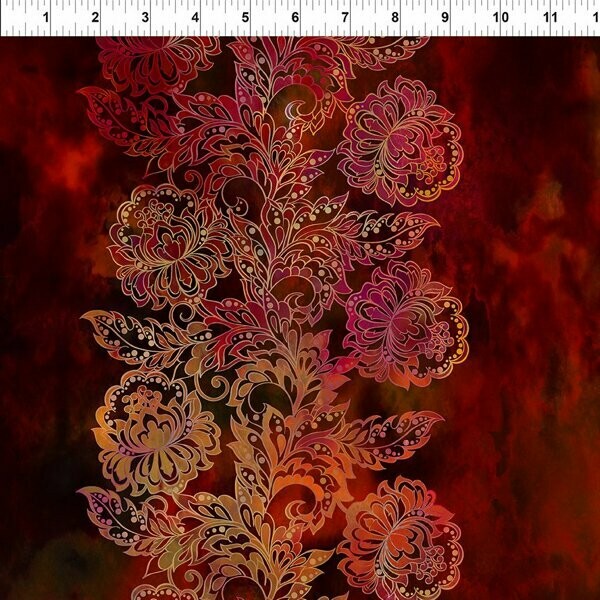 Patchworkstoff "Tapestry Border" mit Batikeffekt, Blumenbordüren, dunkelrot, Jason Yenter, 20,00 €/m