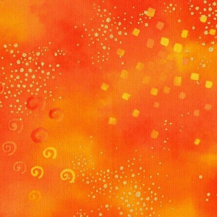 Laurel Burch Stoff, Metallicdruck, Punkte, Swirls, Sterne, Universum, Sternenhimmel, "Dark orange Glitter Metallic", 19,50/m*